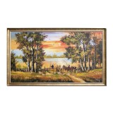 Tablou living apus de soare cu pescari pictat manual inramat, Fir intins, 130x80cm ulei pe panza rama din lemn, Constantin Feraru