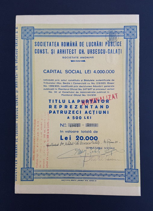 Actiune 1938 Soc. de lucrari publice , constr. arhitect Gh. Ursescu Galati
