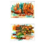 E108. Pachet doua tablouaşe format mic, un diptic de toamna, acuarele neinramate