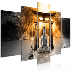 Tablou canvas 5 piese - Buddha zambet portocaliu larg - 100 x 50 cm foto