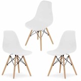 Set 3 Scaune Acerenza, Stil Scandinav cu Picioare din Lemn de Fag, Cadru Metalic, Sezut PP, Maxim 120 Kg, 46 x 54 x 82 cm, Alb