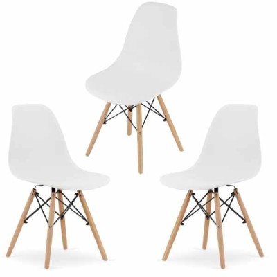 Set 3 Scaune Acerenza, Stil Scandinav cu Picioare din Lemn de Fag, Cadru Metalic, Sezut PP, Maxim 120 Kg, 46 x 54 x 82 cm, Alb foto