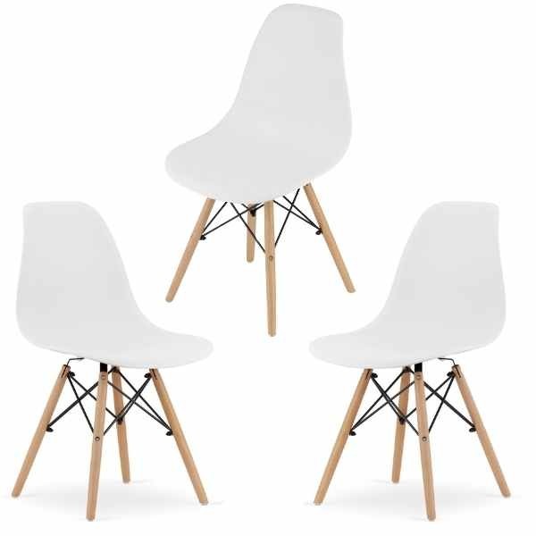 Set 3 Scaune Acerenza, Stil Scandinav cu Picioare din Lemn de Fag, Cadru Metalic, Sezut PP, Maxim 120 Kg, 46 x 54 x 82 cm, Alb