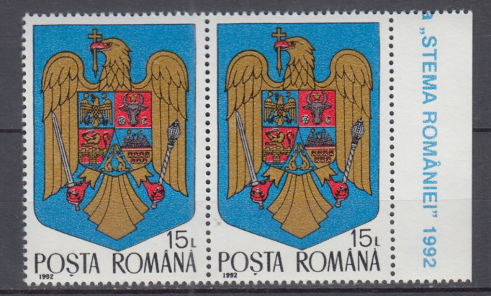 ROMANIA 1992 LP 1302 STEMA ROMANIEI PERECHE MNH