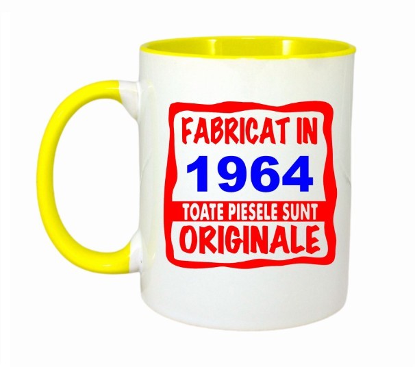 Cana maner galben personalizata Fabricat in 1964 toate piesele sunt originale, INOVATIX&reg;. 330ml