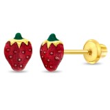 Cercei din Aur 14K pentru Bebelusi si Copii, model Capsuni cu Email, inchidere cu Filet si Protectie