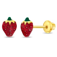 Cercei din Aur 14K pentru Bebelusi si Copii, model Capsuni cu Email, inchidere cu Filet si Protectie