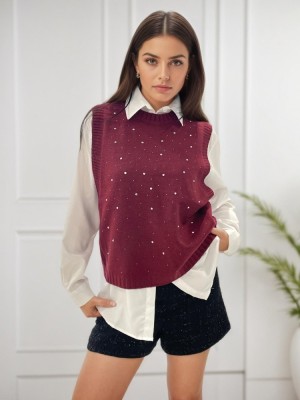 Pulover bordo fara maneci cu strasuri A-9015 M9 foto