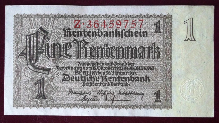 Germania 1 rentenmark 1937 seria 757 stare f buna **