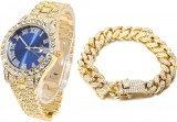 Cumpara ieftin Set Ceas Iced Out Gold Blue + Bratara Cuban, insertii din zirconiu, otel inoxidabil, dispozitiv pentru ajustare, impachetare premium, auriu