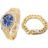 Set Ceas Iced Out Gold Blue + Bratara Cuban, insertii din zirconiu, otel inoxidabil, dispozitiv pentru ajustare, impachetare premium, auriu