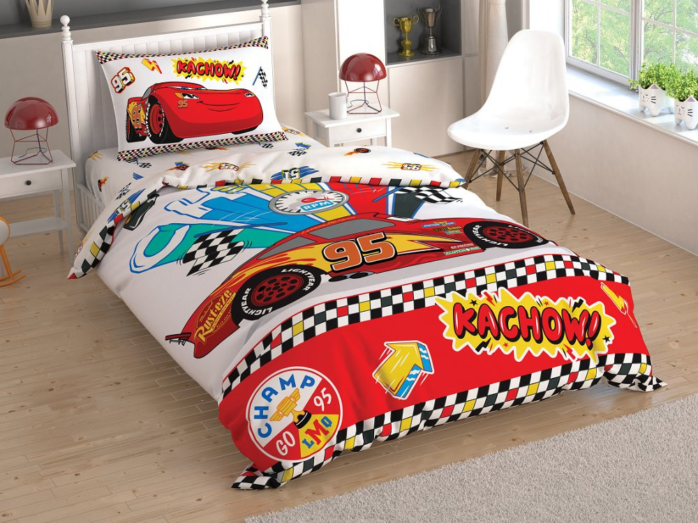 Lenjerie de pat pentru copii TAC, Bumbac 100%, 3 piese, Disney Cars Kachow  | Okazii.ro