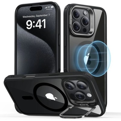 Husa pentru iPhone 16 Pro - ESR Classic Hybrid HaloLock Kickstand - Clear Black foto