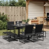 Set mobilier gradina Gossi, 9 piese, negru, textilena, otel, sticla, 4 scaune, 4 taburete, masa 110x107cm