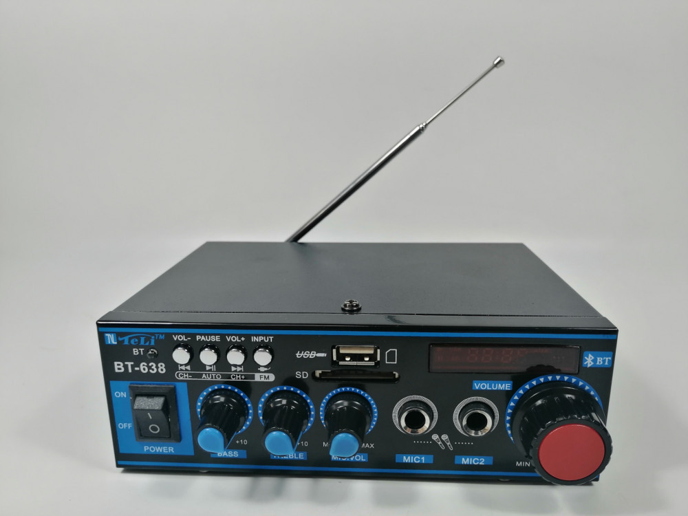 Amplificator bluetooth digital, tip Statie, 2 x 30 W, intrari USB-SD, doua  intrari microfon | Okazii.ro