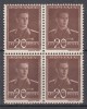 ROMANIA 1943/1945 LP 154 MIHAI I UZUALE FILIGRAN MM VALOAREA 20 LEI EROARE LINIE IN 0 DIN 20 DREAPTA SUS BLOC DE 4 TIMBRE MNH, Nestampilat