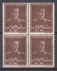 ROMANIA 1943/1945 LP 154 MIHAI I UZUALE FILIGRAN MM VALOAREA 20 LEI EROARE LINIE IN 0 DIN 20 DREAPTA SUS BLOC DE 4 TIMBRE MNH