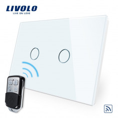 Intrerupator dublu wireless cu touch Livolo din sticla si telecomanda inclusa-standard italian, Alb foto