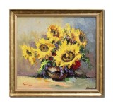 Cumpara ieftin Tablou impasto vaza cu floarea soarelui pictat manual inramat, 65x60cm ulei pe panza, raam din lemn, Geo Ungureanu