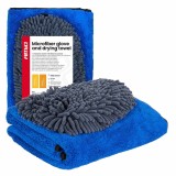 Set manusa din microfibra si prosop pentru uscarea masinii AMiO, 94 GSM si 800 GSM, 20x26 cm si 60x90 cm, pentru spalare si uscare auto