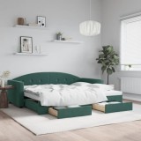 vidaXL Pat de zi cu extensie și sertare verde &icirc;nchis 90x200 cm catifea