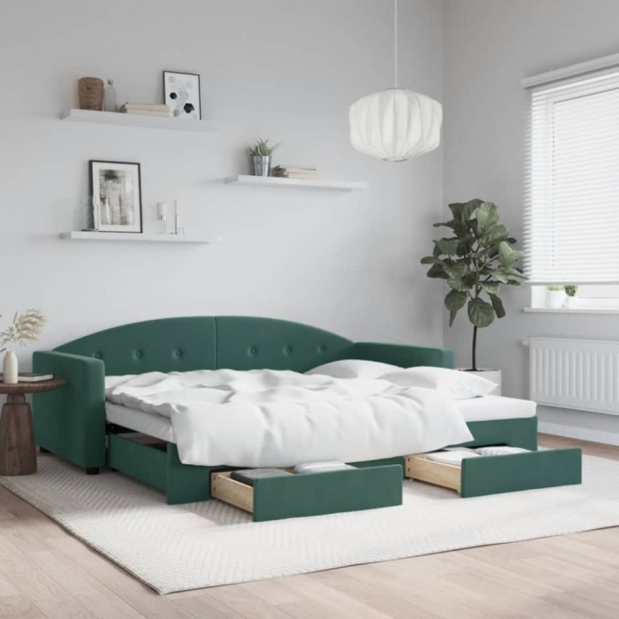 vidaXL Pat de zi cu extensie și sertare verde &icirc;nchis 90x200 cm catifea 3197351