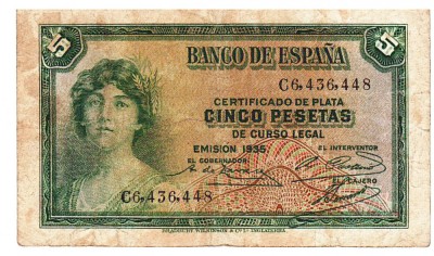 Spania 5 Pesetas 1935 P-85 Seria 6436448 foto