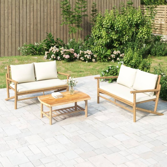 Gossi set mobilier de gradina, cu perne alb crem, 3 piese, bambus