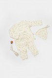 Set 3 piese:bluza, pantaloni si caciulita Printed, BabyCosy, 50% modal+50% bumbac, Ecru (Marime: 3-6 Luni)