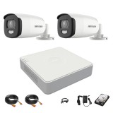 Sistem 2 camere Hikvision ColorVU 5MP 2.8mm lumina alba 40m, DVR 4 canale, accesorii, hard disk 1TB SafetyGuard Surveillance