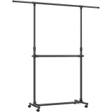 SONGMICS Suport haine cu doua bare, roti blocabile, inaltime reglabila, cadru metalic, 101x49x113-180 cm, negru Household NewTrend