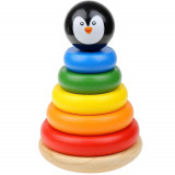 Cumpara ieftin Jucarie de stivuire din lemn, inele curcubeu cu Pinguin, multicolor