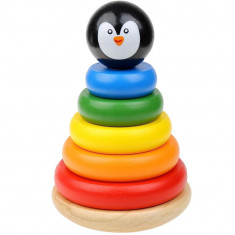 Jucarie de stivuire din lemn, inele curcubeu cu Pinguin, multicolor