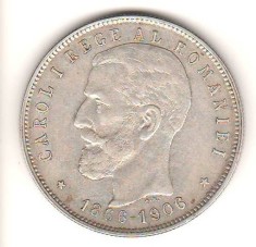 SV * Romania 5 LEI 1906 * ARGINT. 835 * 40 Ani de la Incoronarea Regelui Carol I * detalii bune !
