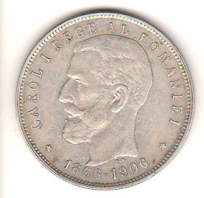 SV * Romania 5 LEI 1906 * ARGINT. 835 * 40 Ani de la Incoronarea Regelui Carol I * detalii bune ! foto