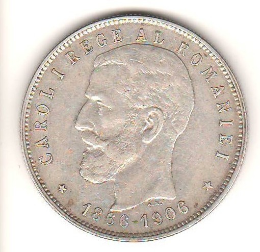 SV * Romania 5 LEI 1906 * ARGINT. 835 * 40 Ani de la Incoronarea Regelui Carol I * detalii bune !