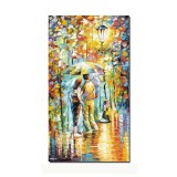 Tablou pictat manual dormitor, living, Noi doi sub o umbrela, 90x50cm ulei pe panza in cutit efect 3D