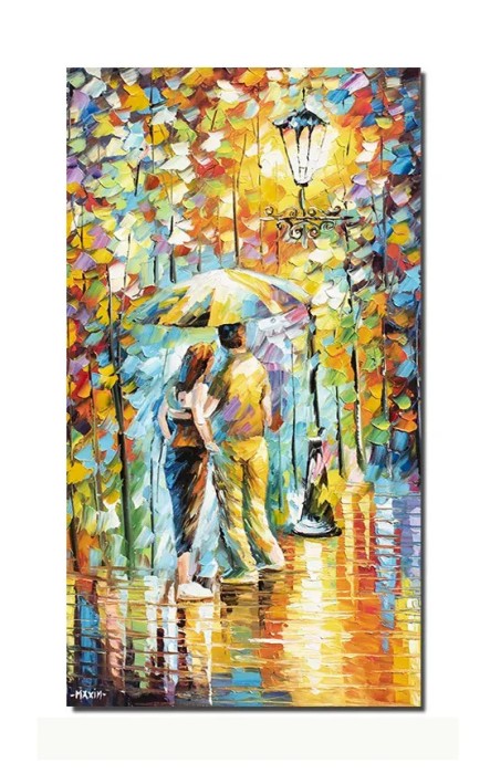 Tablou pictat manual dormitor, living, Noi doi sub o umbrela, 90x50cm ulei pe panza in cutit efect 3D