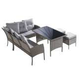 Set de Grădină din Poliratan, Canapea, Masă, Taburete și Perne Lavabile, Gri