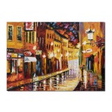 Tablou pictat manual birou, living, La lumina felinarelor prin centrul vechi, 70x50cm ulei pe panza in cutit efect 3D, gatat de expus pe perete