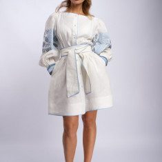 Rochie alba din in cu maneci lungi brodate cu model traditional ROSA