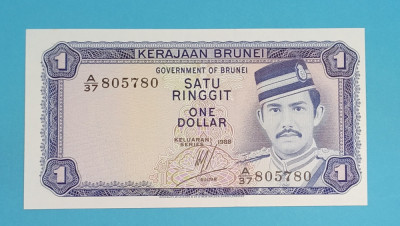 Brunei 1 Dollar 1988 &amp;#039;Ultimul monarh absolut&amp;#039; UNC serie: A/37 805780 foto