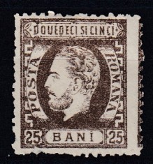 ROMANIA1872 LP 37 REGELE CAROL I BARBA 25 BANI BRUN DANTELAT POINCON GUMA ORIGINALA SARNIERA