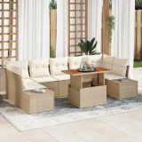 vidaXL Set de dining pentru grădină, 8 piese, cu perne, din rattan bej și poliester, pe structură de acacia