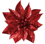 Floare decorativa de Craciun rosie cu sclipici si clips, 9 cm, set 6 buc