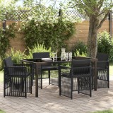 Set de dining cu 5 piese Gossi cu perne negru ratan poly, masa de gradina Gossi neagra 160x80x73 cm sticla temperata