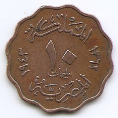 Egipt 10 Milliemes 1943 - Farouk, Bronz, 25.24 mm KM-361 (2)
