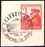 Timbru Germania 1939 - Hitler 50 Ani, Margine de Coală cu Numărul 4, Ștampilă Specială Primă Zi Saarbr&uuml;cken pe Fragment (Mi. 691) -A222