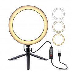 Lampa LED Selfie Ring cu trepied inclus, 3 trepte de lumina, 10 nivele de intensitate, diametru 16 cm foto