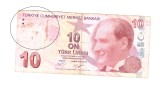 Bancnota Turcia 10 lire 2009 (2017), seria C, circulata, patata